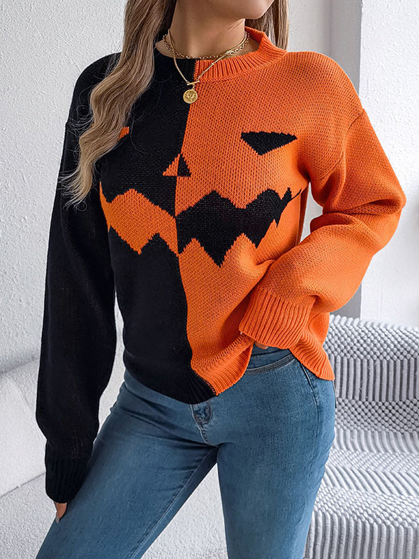 Long Sleeves Loose Contrast Color Split-Joint Round-Neck Pullovers Sweater Tops