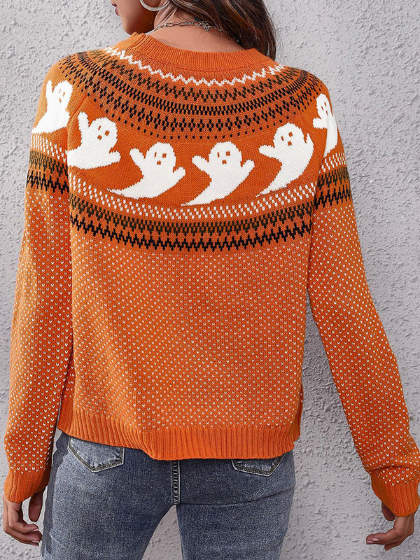 Long Sleeves Loose Contrast Color Printed Round-Neck Knitwear Pullovers Sweater Tops