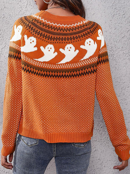 Long Sleeves Loose Contrast Color Printed Round-Neck Knitwear Pullovers Sweater Tops