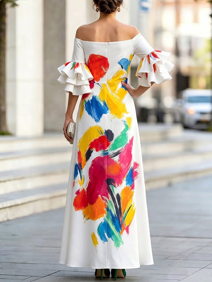 Zipper Printed Pockets Elasticity Contrast Color Ruffle Sleeves Half Sleeves Off-the-shoulder Maxi Dresses