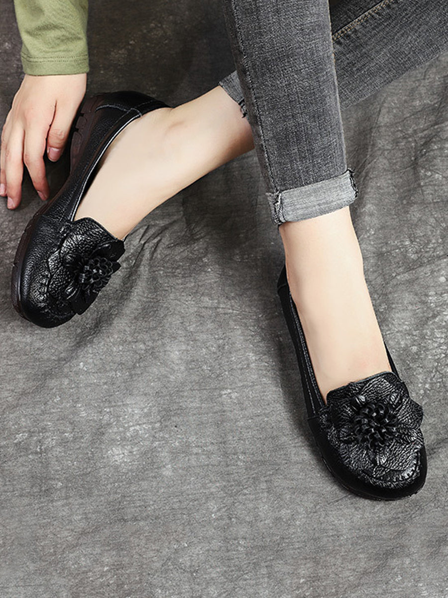 Women Summer Genuine Leather Flower Low Heel Shoes