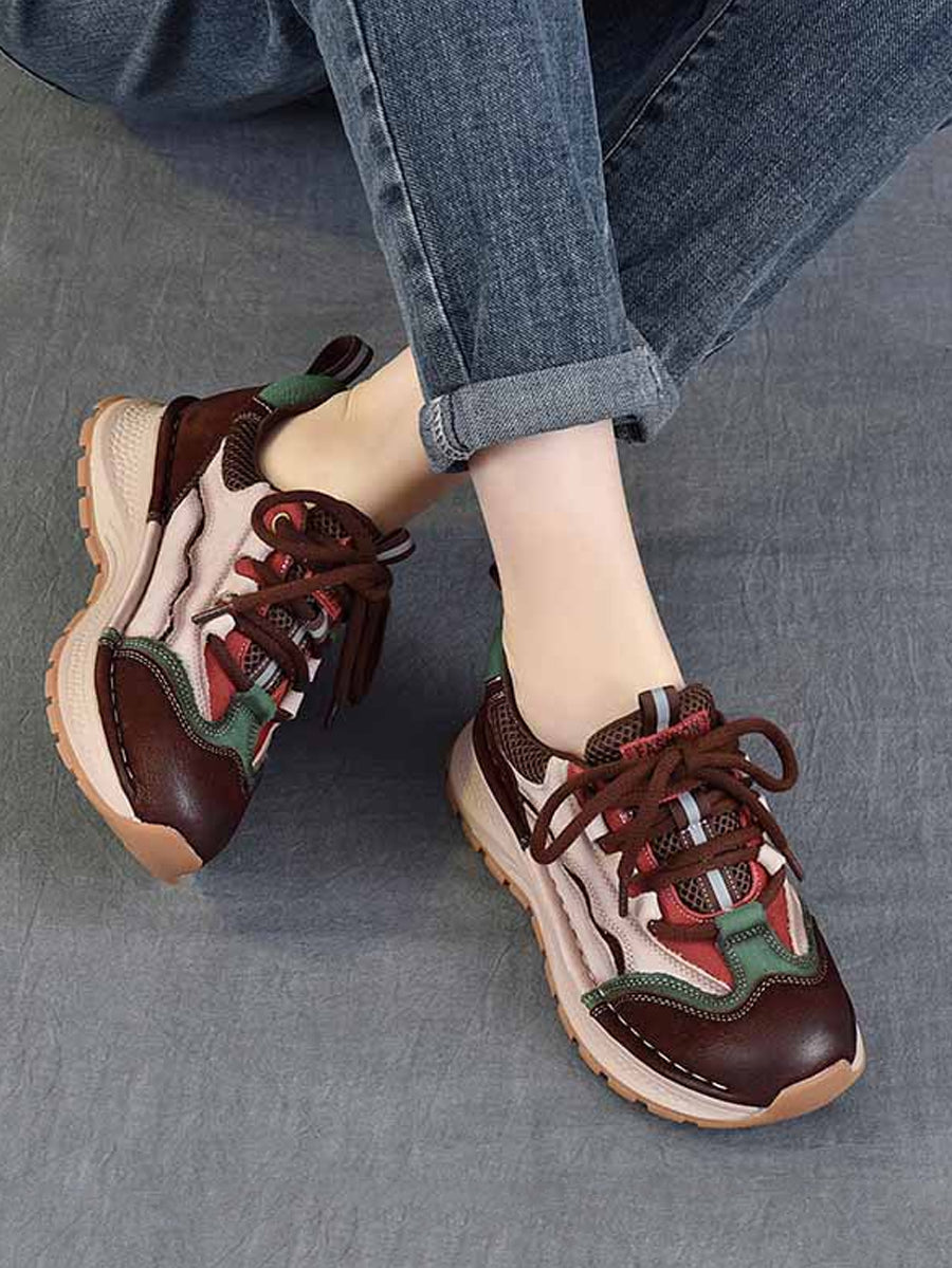 Women Retro Colorblock Leather Sport Platform Shoes