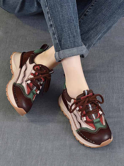 Women Retro Colorblock Leather Sport Platform Shoes