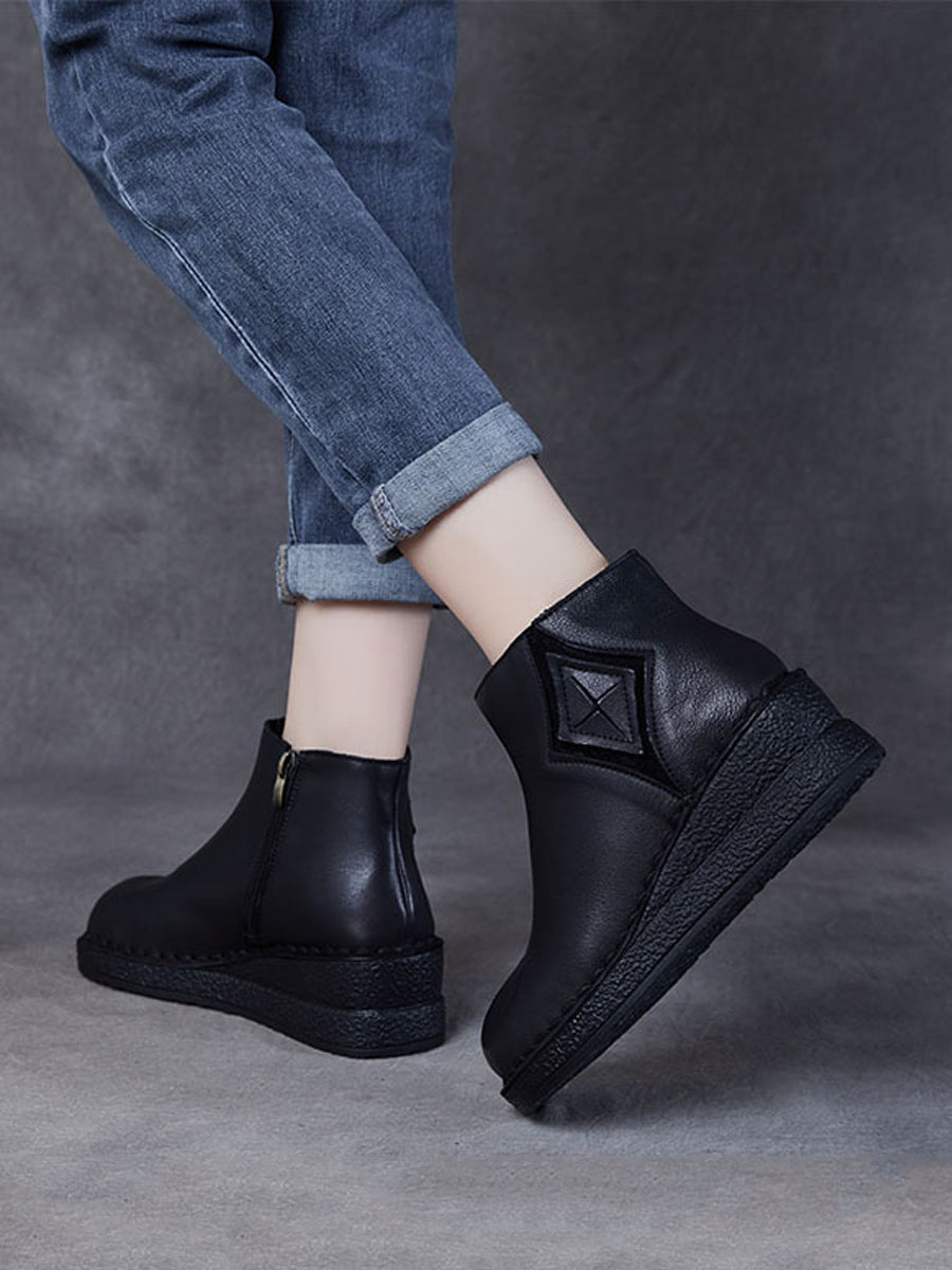 Women Vintage Genuine Leather Spliced Platform Boots