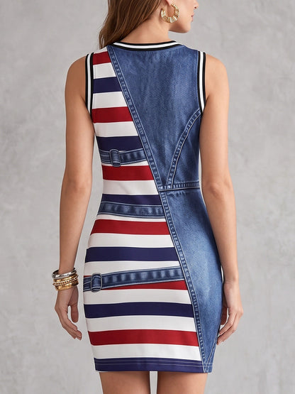Bodycon Sleeveless Contrast Color Printed Striped Round-Neck Mini Dresses