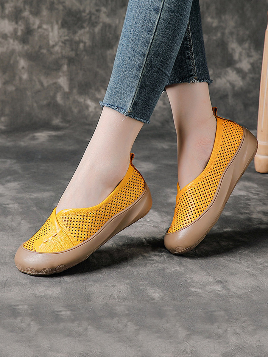 Women Summer Pure Color Leather Spliced Flat Shoes