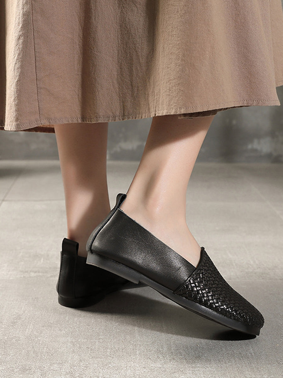 Women Summer Genuine Leather Weave Low Heel Shoes