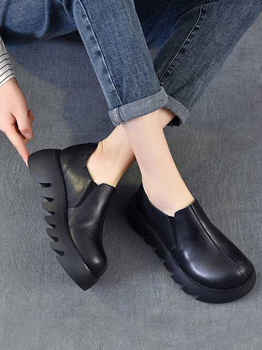 Women Autumn Vintage Genuine Leather Platform Shoes
