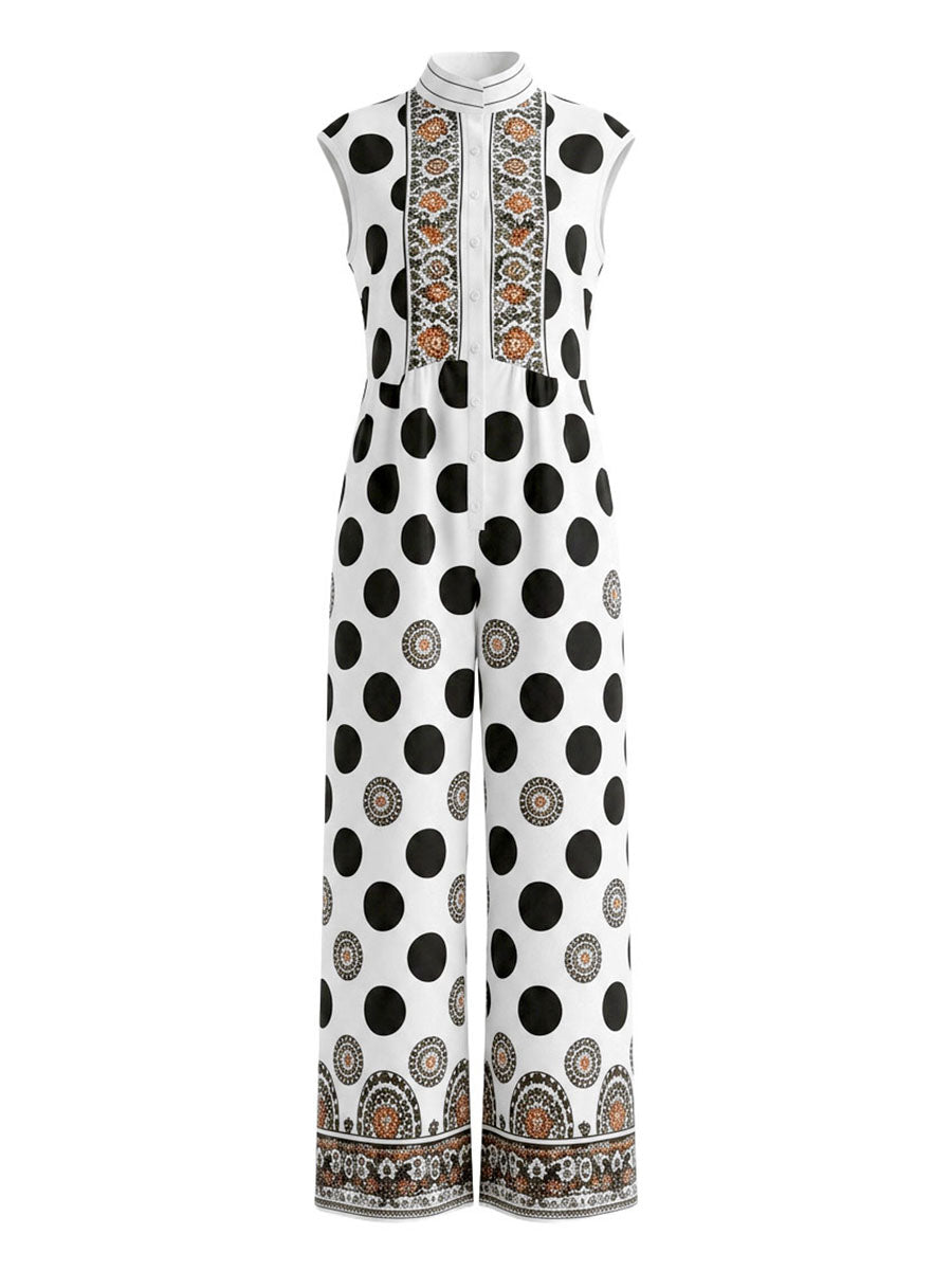 High Waisted Loose Contrast Color Pleated Pockets Polka-Dot Stand Collar Jumpsuits
