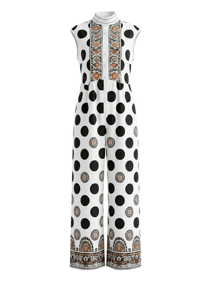 High Waisted Loose Contrast Color Pleated Pockets Polka-Dot Stand Collar Jumpsuits