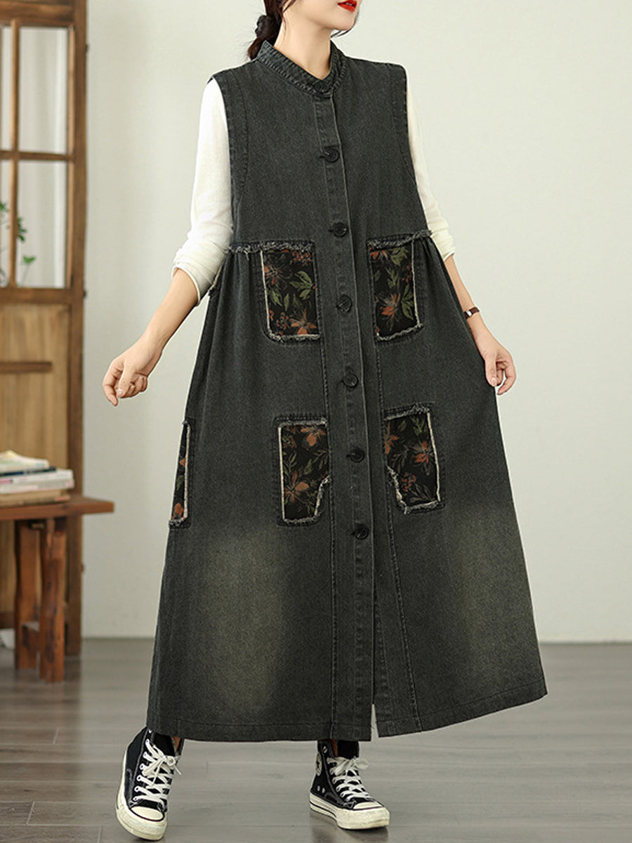 Women Vintage Denim Patchwork Stand Collar Long Vest Coat