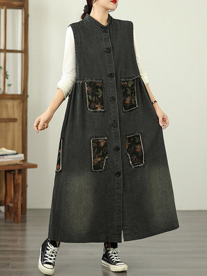 Women Vintage Denim Patchwork Stand Collar Long Vest Coat