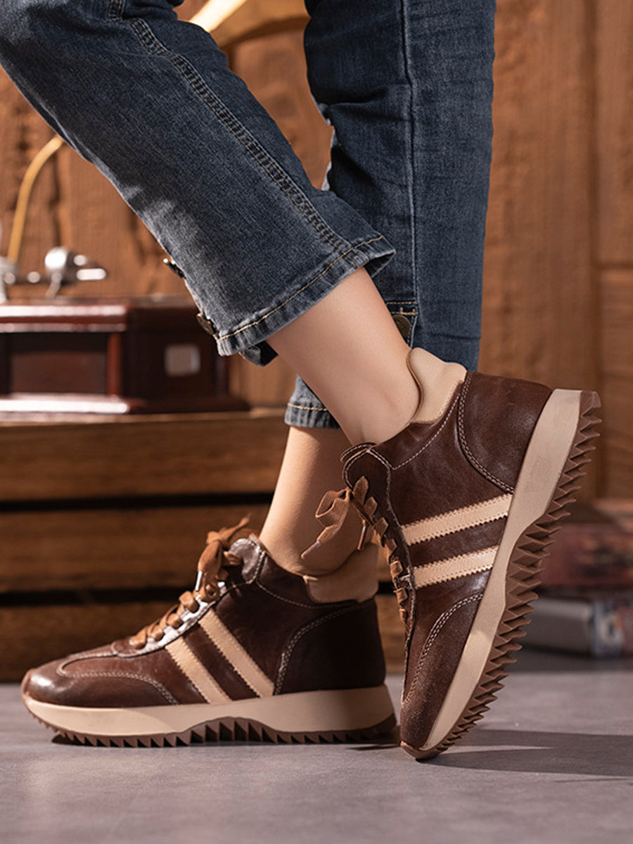 Women Vintage Genuine Leather Spliced Platform Shoes