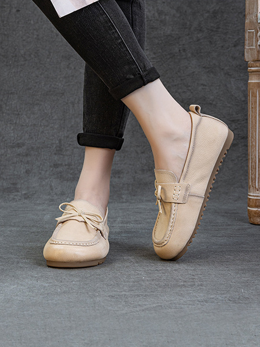 Women Retro Genuine Leather Pure Color Flat Shoes