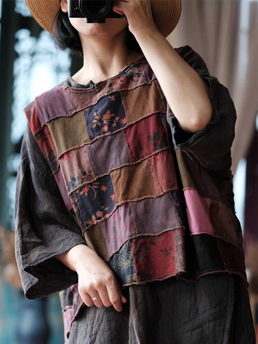 Women Autumn Retro Patchwork Cotton O-Neck Shirt