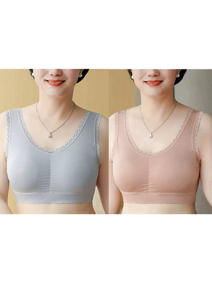 2 Pieces Women One-Piece With Bra Pad Lace Pure Color Bar