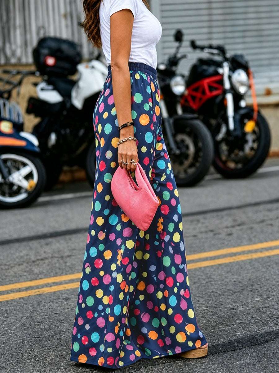 High Waisted Wide Leg Contrast Color Elasticity Pockets Polka Dot Pants Trousers