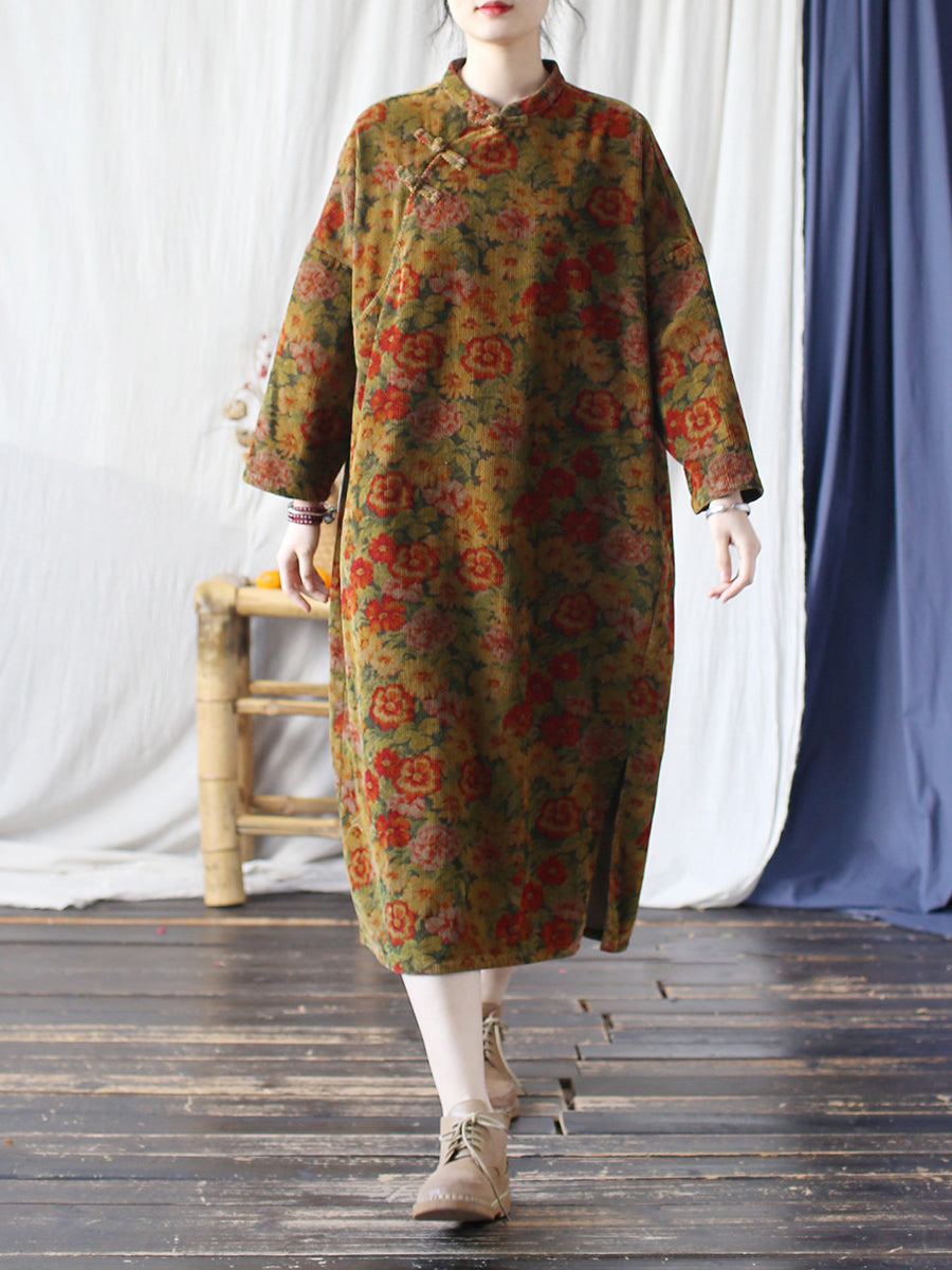 Women Autumn Ethnic Flower Stand Collar Croduroy Dress
