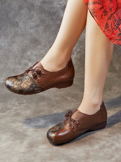 Women Retro Flower Leather Spliced Low Heel Shoes