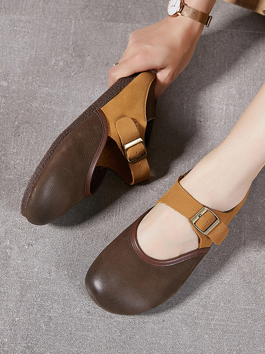 Women Retro Genuine Leather Spliced Flat Shoes