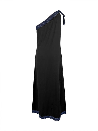 A-Line Sleeveless Asymmetric Contrast Color One-Shoulder Maxi Dresses