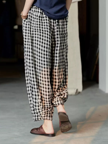 Plus Size Women Spring Casual Plaid Loose Linen Harem Pants