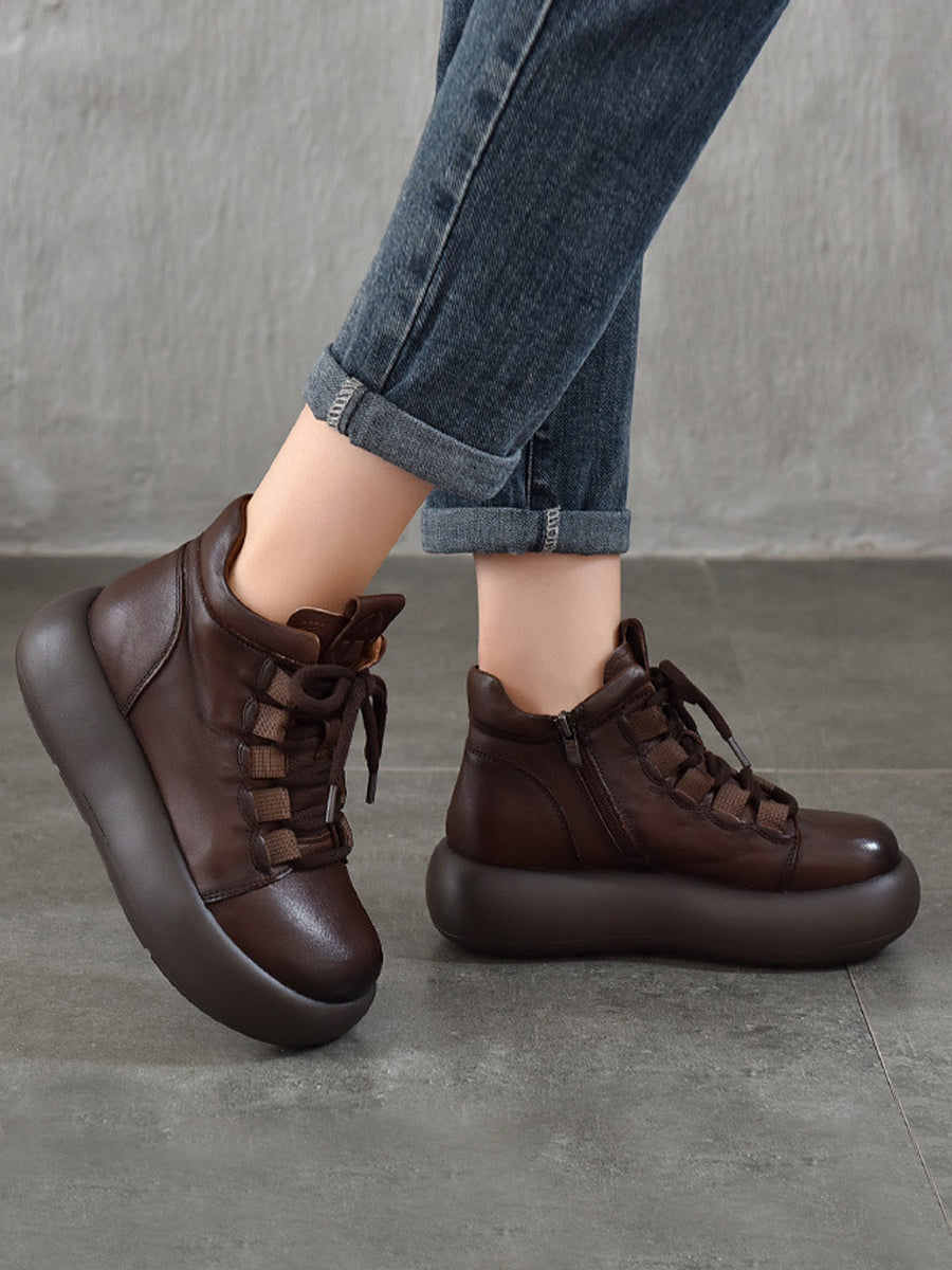 Women Vintage Genuine Leather Spliced Platform Boots