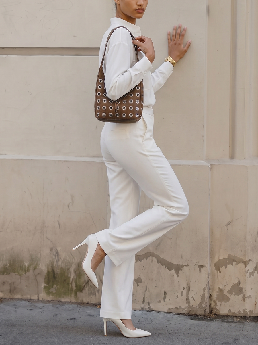 Solid Color Long Sleeves Buttoned Stand Collar Blouses&shirts Tops + Pleated Pockets High Waisted Pants Trousers Two Pieces Set