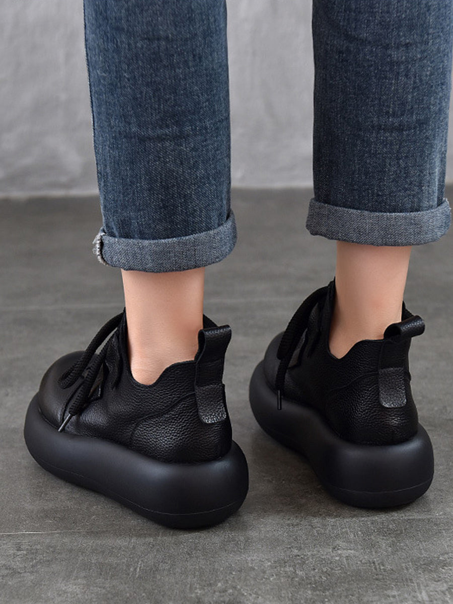 Women Vintage Leather Spliced Strap Platform Shoes