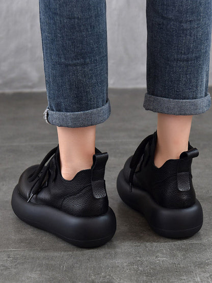 Women Vintage Leather Spliced Strap Platform Shoes