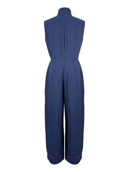 High Waisted Sleeveless Pockets Zipper Stand Collar Jumpsuits
