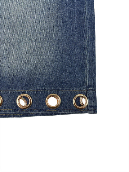 High Waisted Wide Leg Buttoned Hollow Pockets Solid Color Split-Joint Jean Pants Bottoms Shorts Bottoms