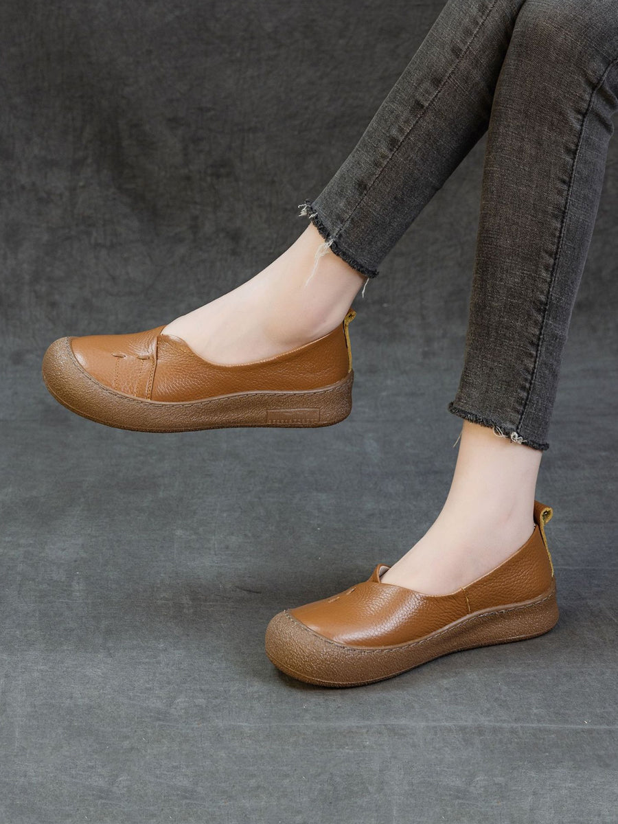 Women Casual Pure Color Genuine Leather Flat Shoes