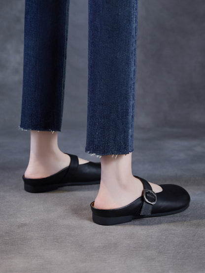 Women Summer Genuine Leather Pure Color Slippers