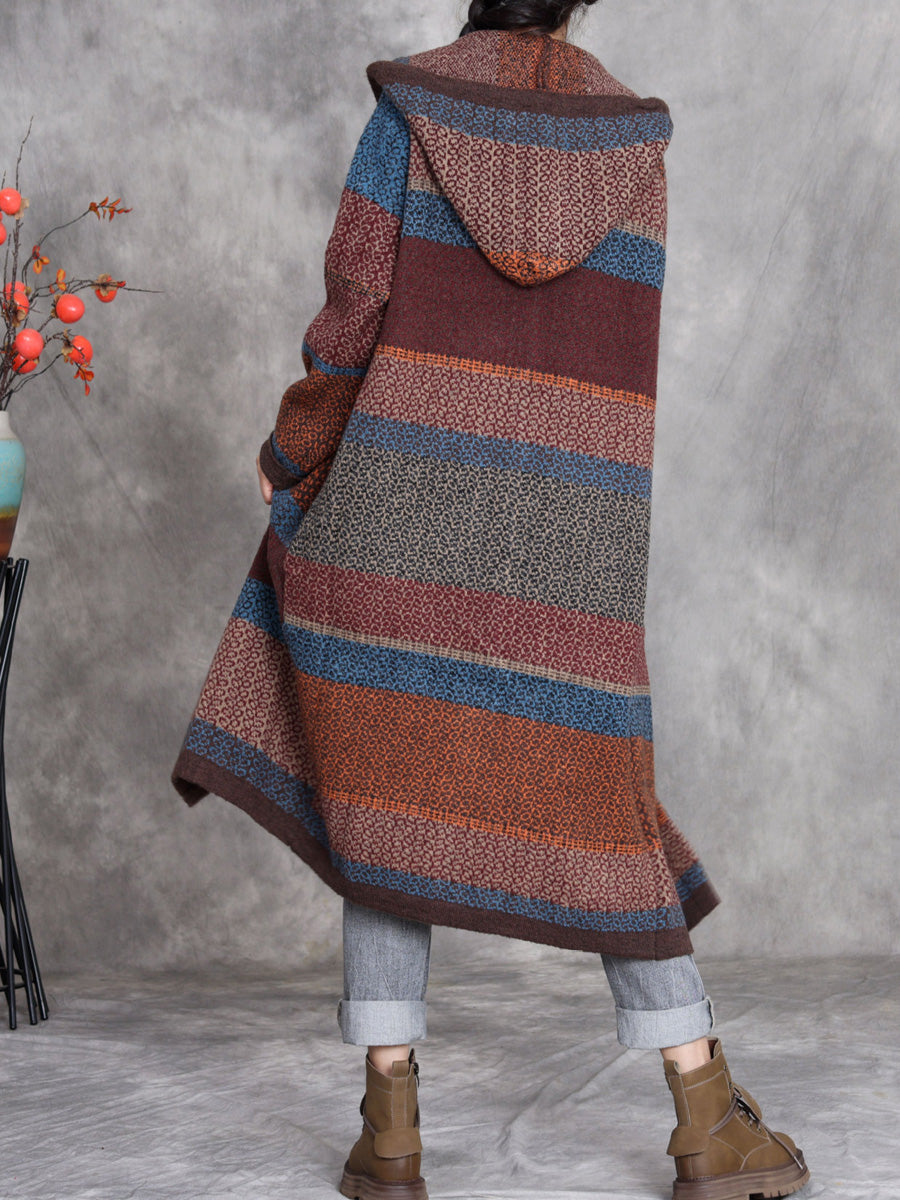 Women Retro Winter Colorblock Knitted Hooded Wool Coat