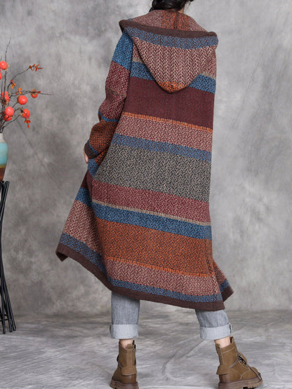 Women Retro Winter Colorblock Knitted Hooded Wool Coat