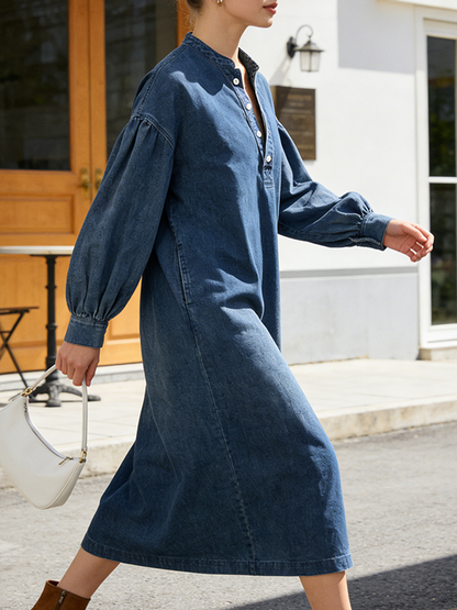 Long Sleeves Loose Buttoned Pockets Solid Color V-Neck Maxi Dresses