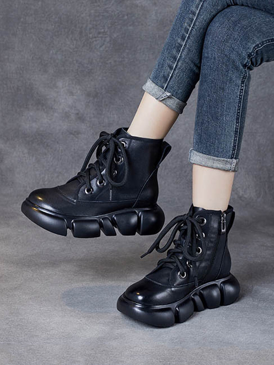 Women Winter Pure Color Leather Platform Martin Boots