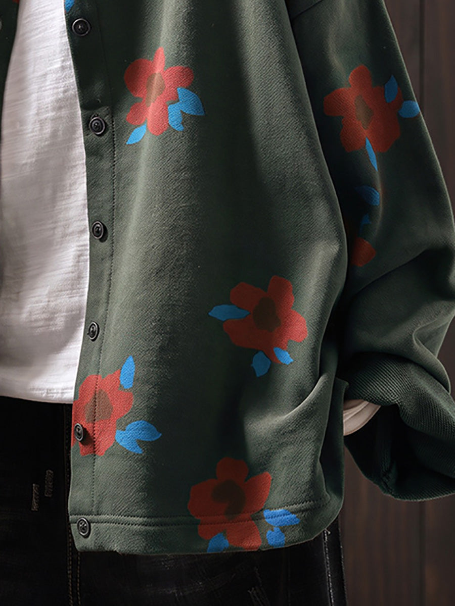 Plus Size Women Autumn Artsy Flower Print Cotton Cardigan Shirt