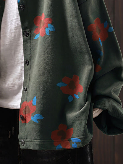 Plus Size Women Autumn Artsy Flower Print Cotton Cardigan Shirt