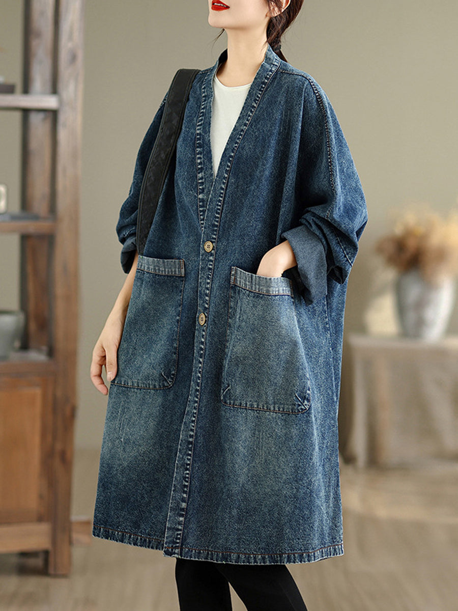 Women Autumn Vintage Denim V-Neck Coat