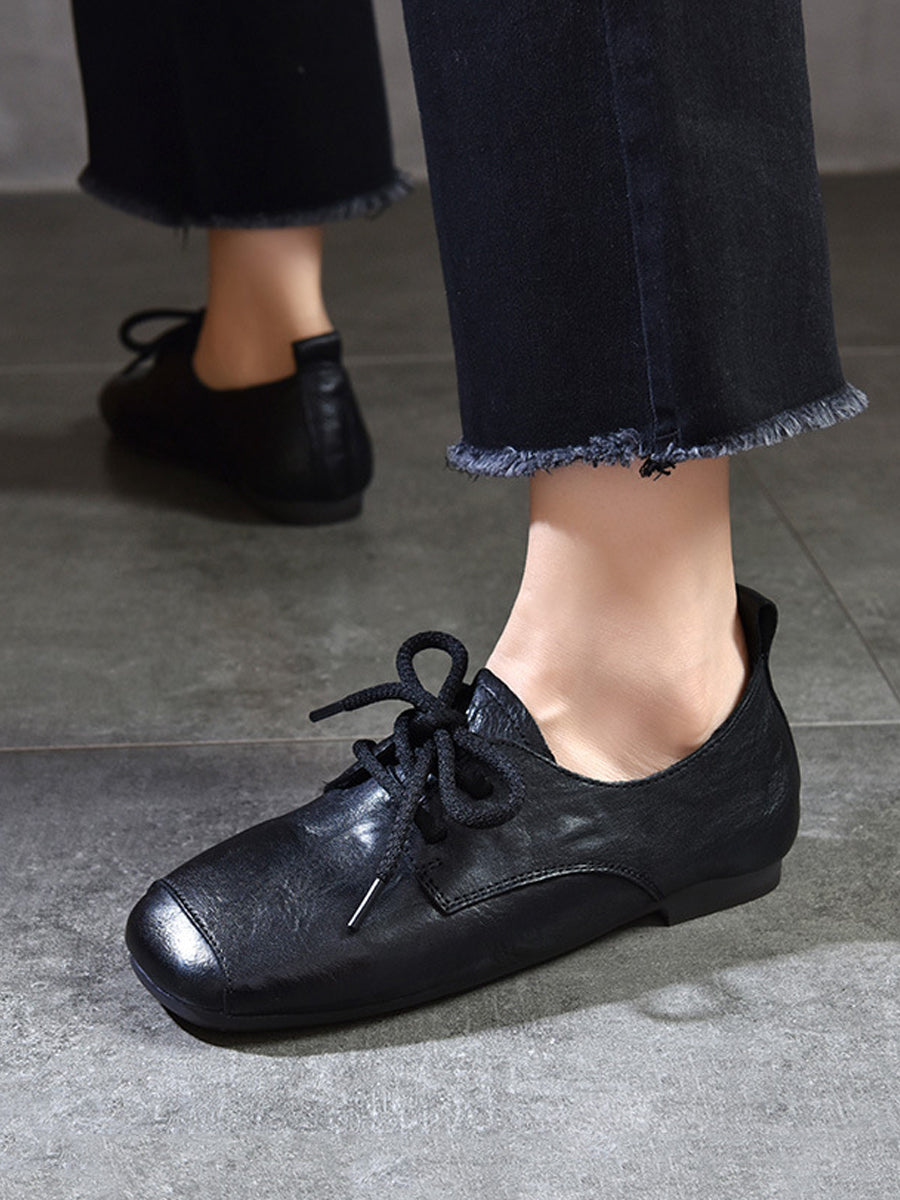Women Vintage Genuine Leather Square-toe Low Heel Shoes