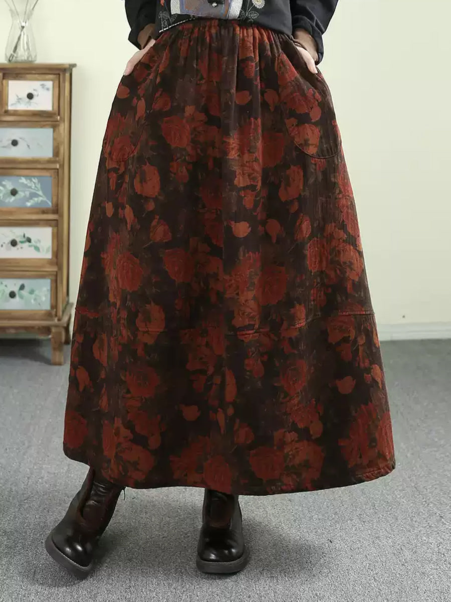 Women Autumn Artsy Flower A-Shape 100%Cotton Skirt