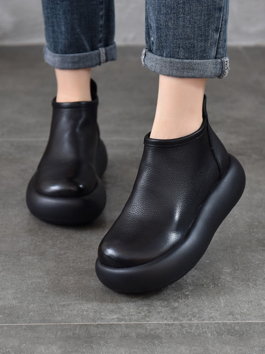 Women Vintage Soft Leather Platform Ankle Boots