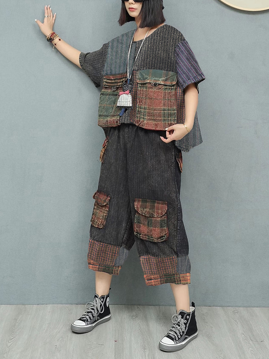 Plus Size Women Summer Vintage Patchwork Loose Suits