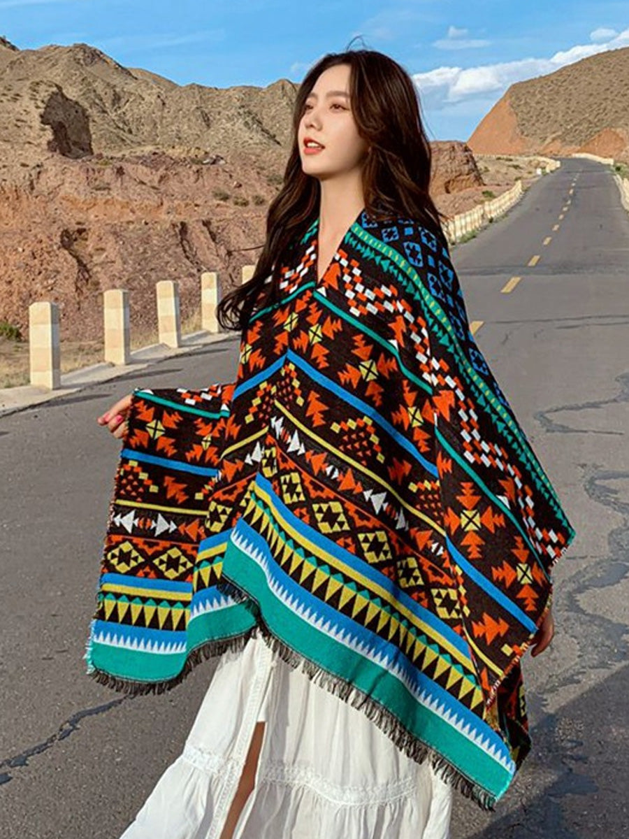 Women Retro Geometric Jacquard Warm Shawl Scarf