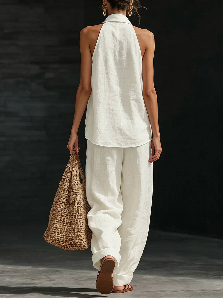 Loose Solid Color V-Neck Sleeveless Vest Top + Pockets Pants Trousers Two Pieces Set