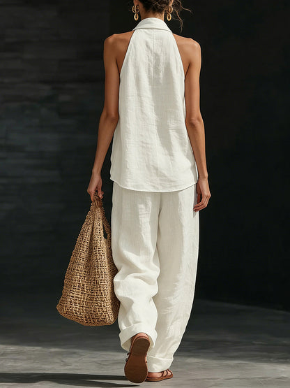 Loose Solid Color V-Neck Sleeveless Vest Top + Pockets Pants Trousers Two Pieces Set