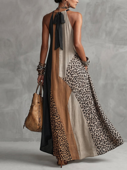 Loose Sleeveless Asymmetric Contrast Color Leopard Pockets Split-Joint Halter-Neck Maxi Dresses
