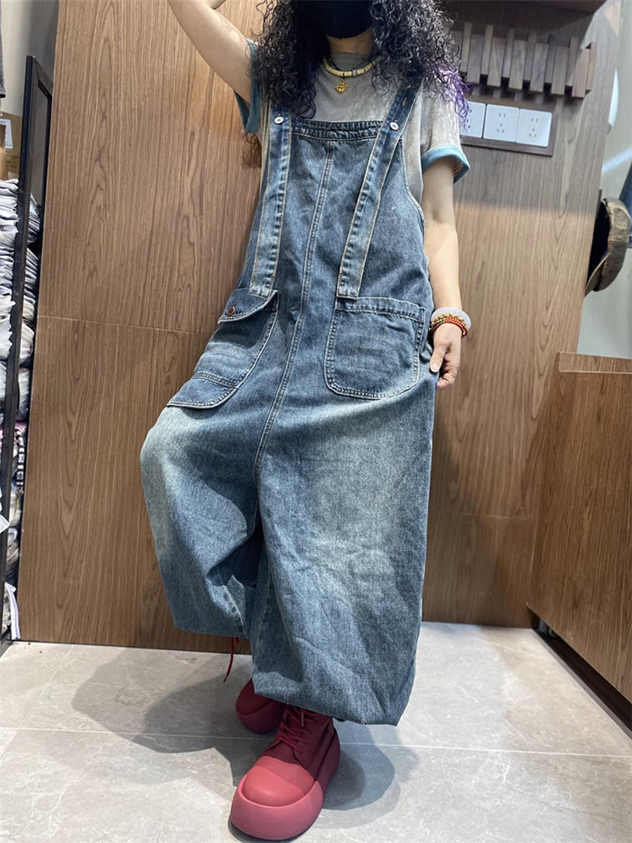 Plus Size Women Spring Artsy Denim Harem Jumpsuits